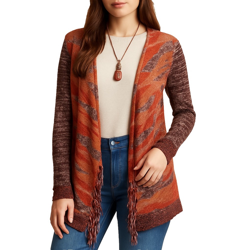 Maurices Womens M Boho Rust Maroon Open Front Knit Cardigan Sweater Fringe